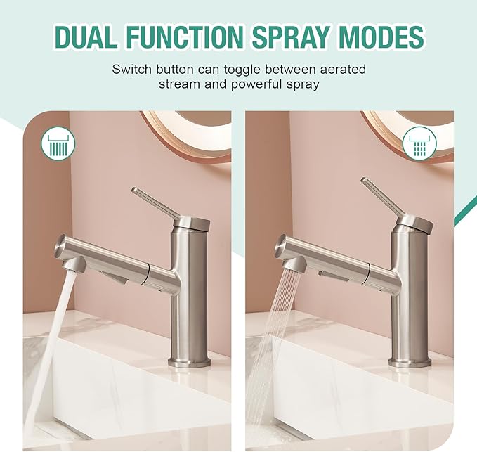 Faustina Single Hole Bathroom Faucet with Pull Out Sprayer, Brushed Finish Bathroom Sink Faucet for Vanity or Laundry, Stainless Steel 1 Handle with Deck Plate for 1 or 3 Hole