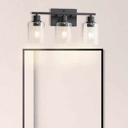 Farmhouse Vanity Light Fixtures,3-Lights Matte Black Bathroom Illumination,Matte Black Vintage Wall Sconces with Clear Glass Shades, Modern Wall Lighting for Mirror,Bedroom,Living Room