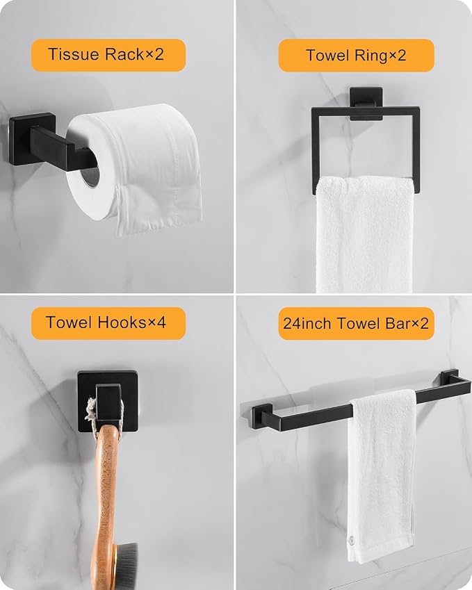 10-Piece Matte Black Bathroom Hardware Set, 16" Towel Bar Set, Modern Square Bathroom Accessories Kit with 2 Toilet Paper Holders, 2 Towel Rings, 4 Robe Hooks Bathroom Accessories