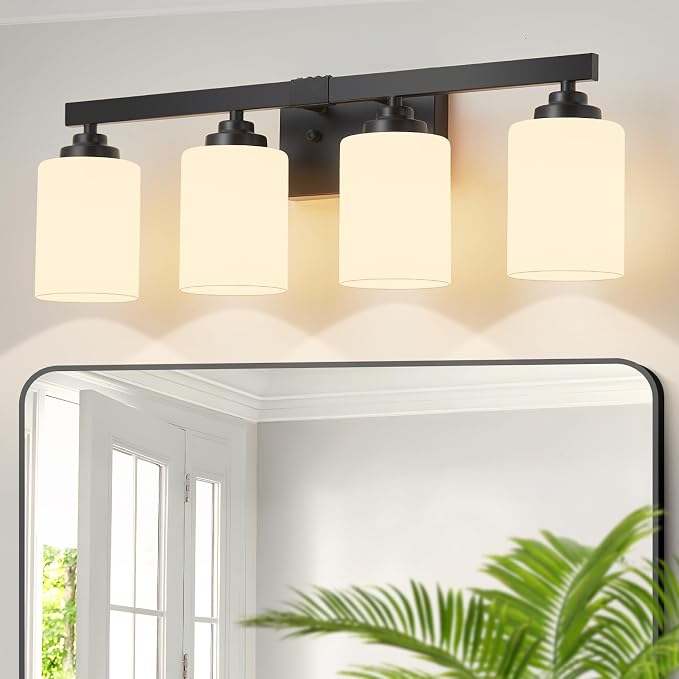Bathroom Light Fixtures, Vanity Light Over Mirror Black 4-Light Fixture | Modern bathroom vanity light fixture with metal frame, ideal for mirrors, bedrooms and hallways. Fits E26 bulbs.