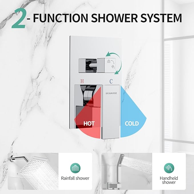 SR SUN RISE Shower System - Shower Faucet Set with 8 Inch Rain Shower Head and Handheld Shower - High Pressure Rain Shower System - All Metal Shower Faucet Trim Repair Kits - Polished Chrome