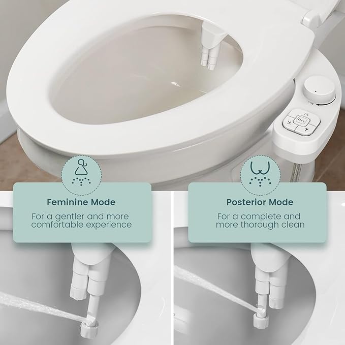 Left Hand Bidet, Non-Electric Self-Cleaning Dual Nozzle (Frontal and Rear Wash) Left Bidet Attachment for Toilet, Adjustable Water Pressure, Easy to Install