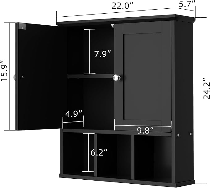 Shintenchi Bathroom Medicine Cabinet, Wall Mounted, Adjustable Shelf, Black | Over The Toilet Cupboard, Open & Concealed Storage, 2 Magnet Doors, Space-Saving, Easy to Clean