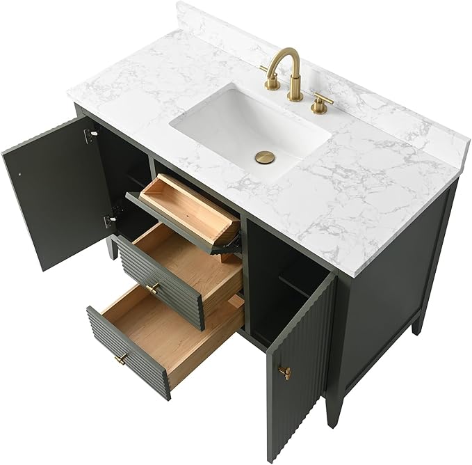 HOMEBEYOND 48" Bathroom Vanity with Sink, Solid Wood Bathroom Vanity Free-Standing Cabinet, Drawers, Ceramic Top & Soft Closing Door, Golden Brushed Handware, Vintage Green