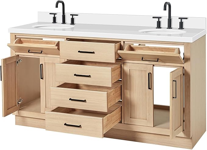 ARIEL Hepburn 66-inch Bathroom Vanity with Sink,Solid Wood, 1.5-inch Pure White Quartz Countertop & Backsplash, Double Oval Porcelain Sink, 4 Soft Closing Doors, 6 Dovetail Drawers, White Oak
