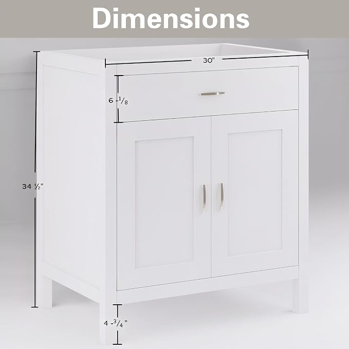 30" White Bathroom Vanity Base Only – Freestanding Solid Wood Sink Cabinet with Tip-Out Drawer, Shaker Style Bath Vanity Cabinet, No Top, 30" W x 21" D x 34.5" H