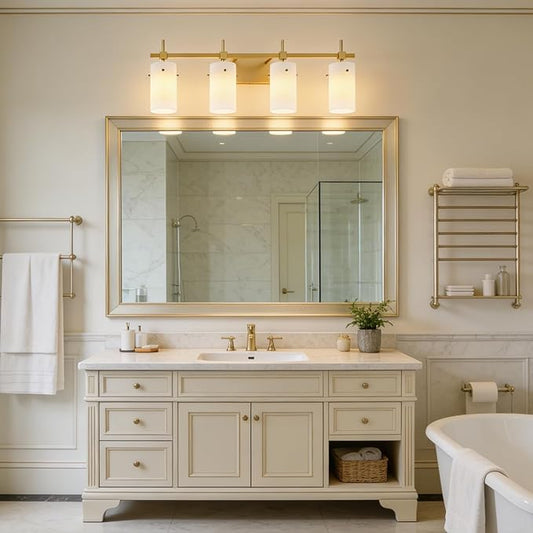SOLFART Bathroom Light Fixtures, 4 Light Vanity Lights for Bathroom, Gold Wall Light with Milky White Glass for Mirror, Living Room, Hallway, Cabinet, E26 Base (Bulbs Not Included)