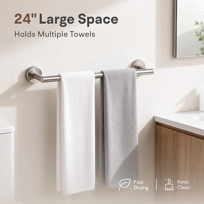 8 Pieces Bathroom Hardware Set, SUS304 Stainless Steel 24 Inch Bath Towel Bar Set, Round Bathroom Accessories Kit Wall Mounted Towel Holder (Brushed Nickel)