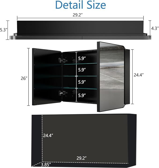 30’’x26’’ Medicine Cabinet,Metal Framed Medicine Cabinet Mirror with Round Corner,Recessed and Surface Mount Bathroom Mirror with Storage,Removeable Shelves,Dark Gray Frame