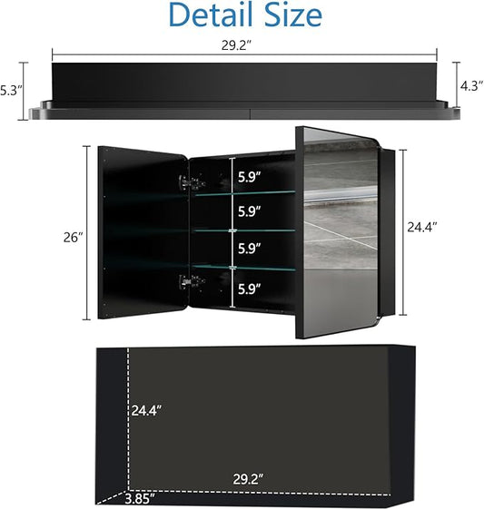 30’’x26’’ Medicine Cabinet,Metal Framed Medicine Cabinet Mirror with Round Corner,Recessed and Surface Mount Bathroom Mirror with Storage,Removeable Shelves,Dark Gray Frame