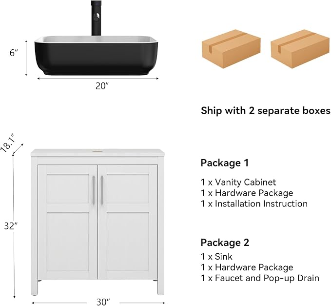 YOURLITE 30" Bathroom Vanity with Sink, White Bathroom Vanity with Faucet & Pop Up Drain Set,Traditional Vanity with with White & Black Ceramic Sink
