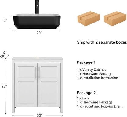 YOURLITE 30" Bathroom Vanity with Sink, White Bathroom Vanity with Faucet & Pop Up Drain Set,Traditional Vanity with with White & Black Ceramic Sink