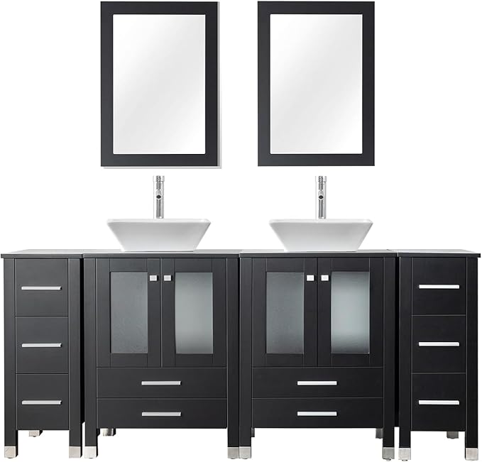 LUCKWIND 72" Double 24-in Bathroom Vanity with Sink Combo, Elegant Series with Two 12.6-in Side Cabinets, Painted Frame, Including White Square Sinks, Faucets Without Mirrors, Black