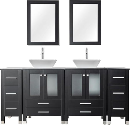 LUCKWIND 72" Double 24-in Bathroom Vanity with Sink Combo, Elegant Series with Two 12.6-in Side Cabinets, Painted Frame, Including White Square Sinks, Faucets Without Mirrors, Black
