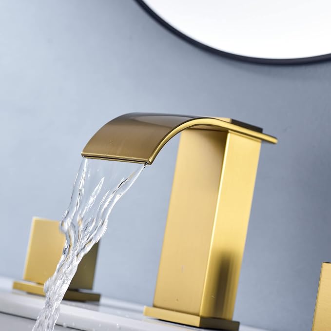 Luxury Brass Widespread Waterfall Bathroom Sink Faucets for 3 Hole 2-Handle 8 Inch Deck Vanity Faucet, &Stainless Steel Pop-up Drain Assembly, Brushed Brass Gold