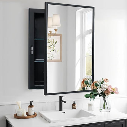 Recessed Medicine Cabinets with Mirror, Black Bathroom Mirror with Storage, Rectangle Medicine Cabinet Vanity Mirrors, Antirust Metal Framed Wall Mirror Recessed or Surface Mount, 16x24 Inch
