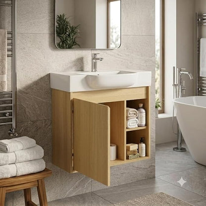 24" Bathroom Vanity with Sink, Wall-Mounted Cabinet, Light Oak | Ceramic Sink, Soft-Close Door & 2 Open Storage Shelves, Modern Farmhouse Sink Cabinet, Easy to Clean for Small Bathroom