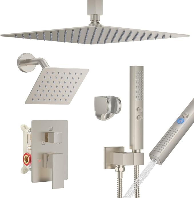 Rain Shower System 12" & 6" Dual Shower Heads Ceiling Shower Faucet Set | Ideal for bathroom remodels and upgrades with 12" rain shower, 6" angled shower, handheld spray and complete valve kit.
