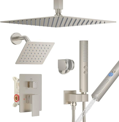 Rain Shower System 12" & 6" Dual Shower Heads Ceiling Shower Faucet Set | Ideal for bathroom remodels and upgrades with 12" rain shower, 6" angled shower, handheld spray and complete valve kit.