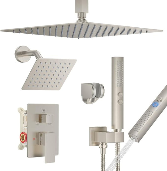 Rain Shower System 12" & 6" Dual Shower Heads Ceiling Shower Faucet Set | Ideal for bathroom remodels and upgrades with 12" rain shower, 6" angled shower, handheld spray and complete valve kit.