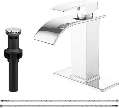 Bathroom Faucet Single Handle Waterfall Bathroom Sink Faucets | Waterfall Spout,Stainless Steel,with Sink Drain Assembly and Basin Plate,Deck Mount,for Lavatory Vanity Sink,Chrome