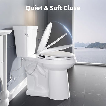 Bidet Toilet Seat, Soft Close Toilet Seat, Button control Feminine/Posterior Wash Switch, Knob Control Water Pressure,White Bidet Seat Attachment with Brass inlet (Elongated-D)