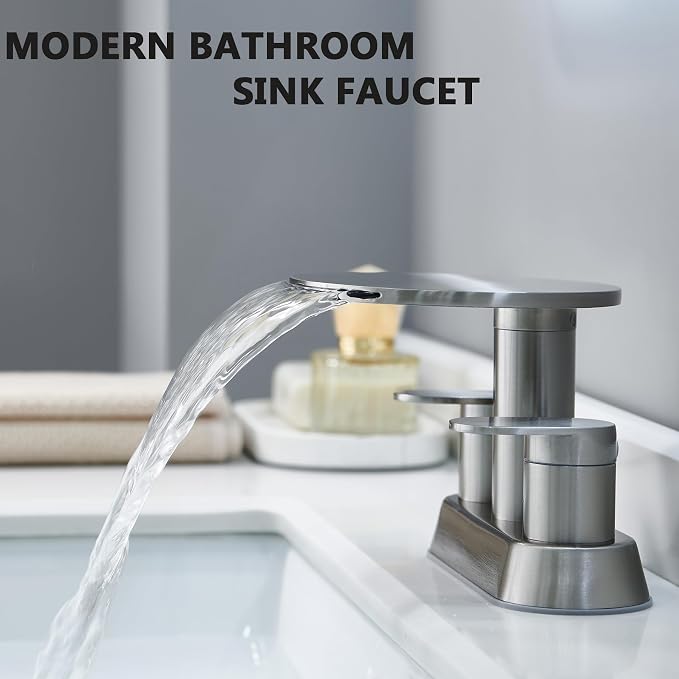 Waterfall Bathroom Faucet, Brushed Nickel Bathroom Sink Faucet 3 Hole | faucet for bathroom sink, 4 inch vanity fixture, two handle basin mixer, round shelf, metal pop-up drain, remodel layouts