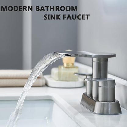 Waterfall Bathroom Faucet, Brushed Nickel Bathroom Sink Faucet 3 Hole | faucet for bathroom sink, 4 inch vanity fixture, two handle basin mixer, round shelf, metal pop-up drain, remodel layouts