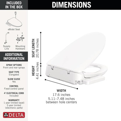 Delta Faucet Refresh Standard Elongated Electric Bidet Toilet Seat, Warm Water Bidet, Bidet Attachment for Toilet, Toilet Seat Bidet, Bidet Toilet Seat Elongated, White 893005E-WH