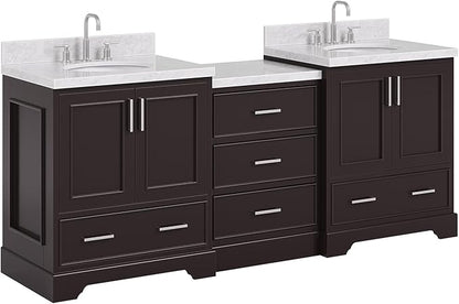 ARIEL Stafford 84-inch Bathroom Vanity with Sink,Solid Wood, 1.5in Italian Carrara Marble Countertop & Backsplash, Double Oval Porcelain Sink, 4 Soft Closing Doors, 5 Dovetail Drawers, Espresso