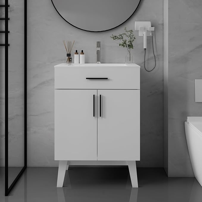 Bathroom Vanity Without Sink, Vanity Combo with Two Soft Close Cabinet Doors, Modern Single Bathroom Cabinet Set with Metal Handles (White Without Sink, 24)
