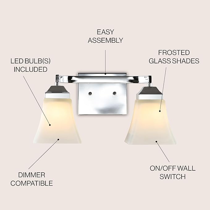 JONATHAN Y 15" Chrome Modern Cottage LED Vanity Light Wall Sconce, Farmhouse Wall Lamp for Bathroom Mirror Kitchen, White Glass Shade, LED Bulb Included (JYL7523B)