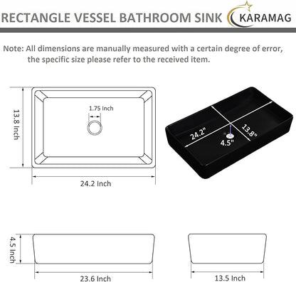 Black Vessel Sink Rectangle 24"x14" Bathroom Sink Above Counter Porcelain Ceramic Small Sink Bowl Ceramic Vessel Sinks for Bathrooms