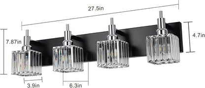 Black Chrome Bathroom Vanity Lights, Modern 4 Lights Crystal Bathroom Lighting Fixtures Over Mirror Crystal Wall Light with Square Shade