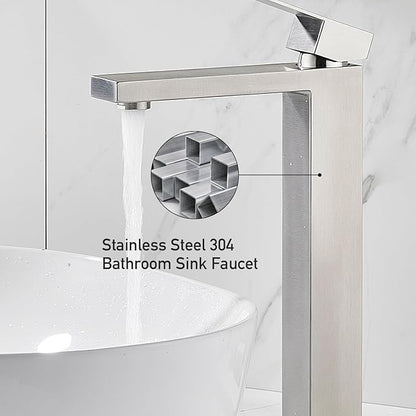 Vessel Sink Faucet, Brushed Nickel 1 Hole Single Handle Tall Bathroom Vanity Faucets, Modern Utility Rv Laundry Bath Restroom Mixer Tap with Metal Pop Up Drain and 2 Water Supply Lines