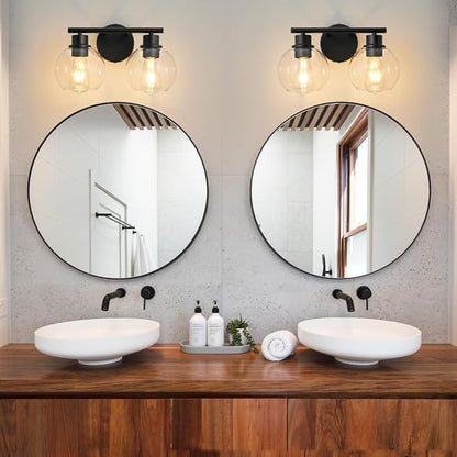 Bathroom Light Fixtures Over Mirror 2-Lights Bathroom Vanity Light with Clear Glass Shade 13.8 inch Modern Wall Sconce Black Vanity Lighting for Bath