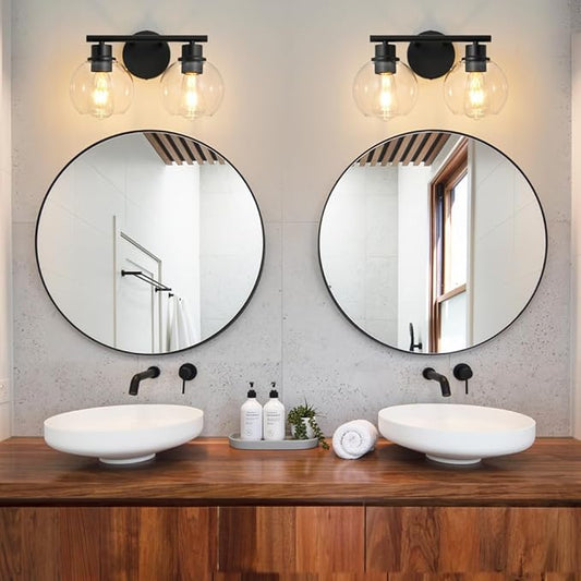 Bathroom Light Fixtures Over Mirror 2-Lights Bathroom Vanity Light with Clear Glass Shade 13.8 inch Modern Wall Sconce Black Vanity Lighting for Bath