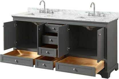 Wyndham Collection Deborah 72 inch Double Bathroom Vanity in Dark Gray, White Carrara Marble Countertop, Undermount Square Sinks, and No Mirror