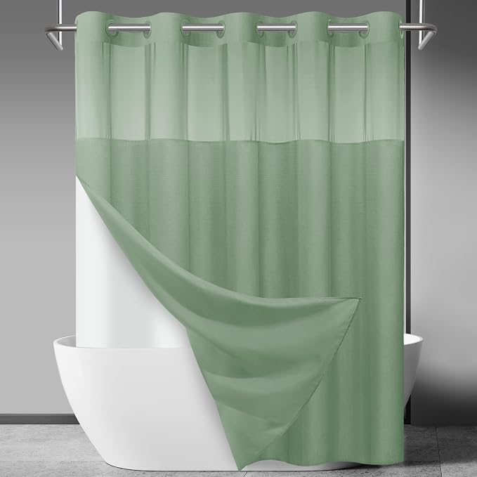 SORTTO No Hook Slub Shower Curtain with Liner, 71x74, Sage Green | Snap in Liner, 3 in 1, Bamboo Texture, Hotel Style, Waterproof Fabric, Mesh Top Window, Corner Magnets, Machine Washable