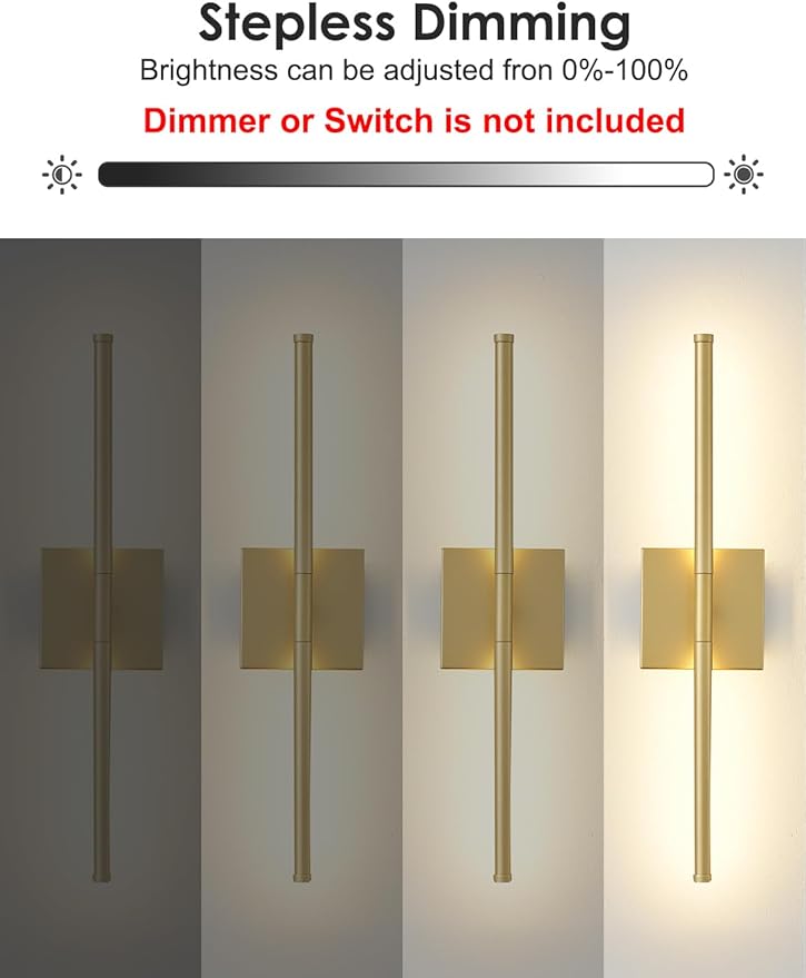 20.4 Inch Hardwired Wall Sconces Set of Two, 3000K Warm White Dimmable Modern Wall Sconces, 350° Rotate LED Light Fixtures Wall Lamp for Bathroom Living Room Bedroom Bedside, Gold