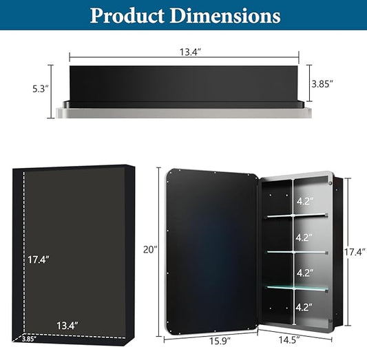 16’’x20’’ Medicine Cabinet,Metal Framed Medicine Cabinet Mirror with Round Corner,Recessed and Surface Mount Bathroom Mirror with Storage, Removeable Shelves,Sliver