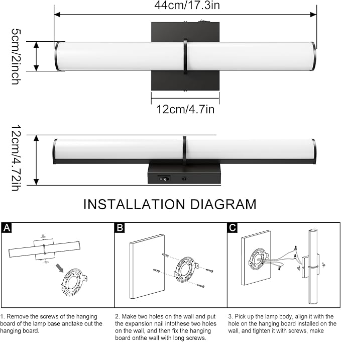 17.3Inch Modern Black Vanity Light Fixture with Switch, 12W 5000K Led Bathroom Light Fixture Over Mirror, Hardwired Wall Light, 1200LM Vanity Light Bar for Mirror Bedroom Hallway Living Room