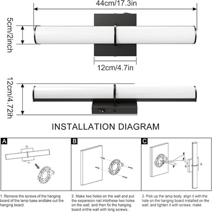 17.3Inch Modern Black Vanity Light Fixture with Switch, 12W 5000K Led Bathroom Light Fixture Over Mirror, Hardwired Wall Light, 1200LM Vanity Light Bar for Mirror Bedroom Hallway Living Room