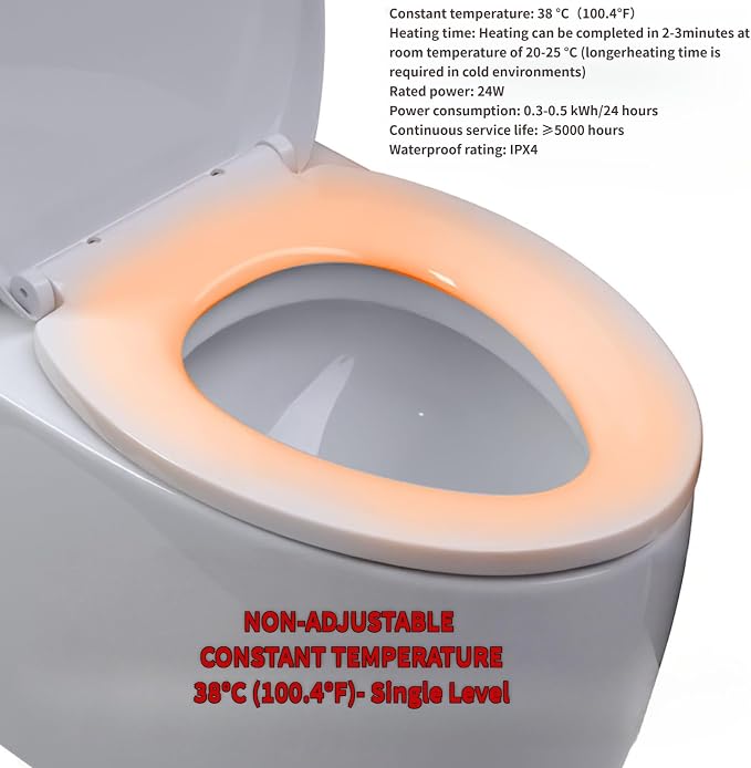 Heated Toilet Seat Elongated, Constant Temperature Seat Warmer | Elongated (17.72x14.37") | Heavy-Duty PP Material | Soft Close & Quiet | Safe Constant Heating Only (No Bidet/Temp Adjust)