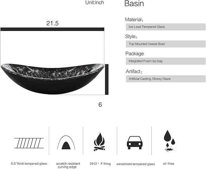 Bathroom Boat Shape Artistic Glass Vessel Sink with Chrome Faucet and Pop-up Drain Set, Black