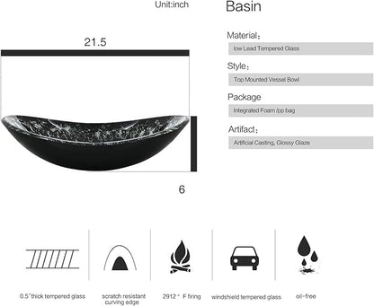 Bathroom Boat Shape Artistic Glass Vessel Sink with Chrome Faucet and Pop-up Drain Set, Black