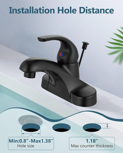 4-Inch Centerset Bathroom Sink Faucet with Drain, Matte Black | Single-Handle Vanity Faucet with Lift Rod Drain, 24-Inch Supply Lines, 1.2 GPM, 3-Hole Deck Mount, Easy Installation