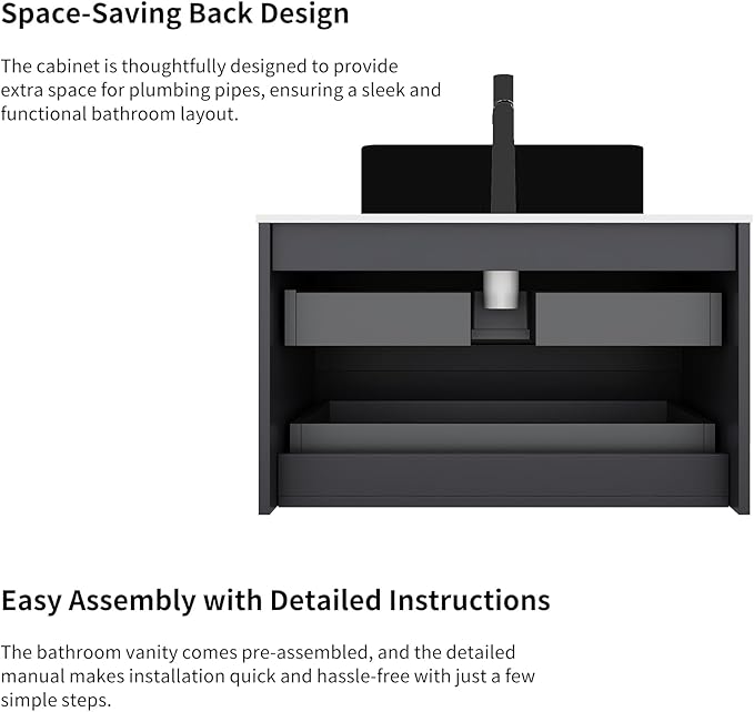 Yayzy 60" Floating Bathroom Vanity with Sink, Solid Wood Fluted Cabinet, Black Fluted Square Ceramic Basin & Faux Marble Top, Soft-Close Drawer, Pre-Assembled, Gloss Black