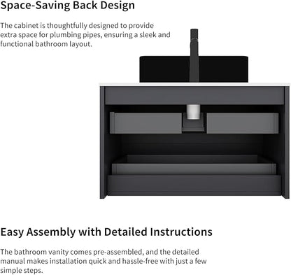 Yayzy 30" Floating Bathroom Vanity with Sink, Solid Wood Fluted Cabinet, Black Fluted Oval Ceramic Basin & Faux Marble Top, Soft-Close Drawer, Pre-Assembled, Gloss Black