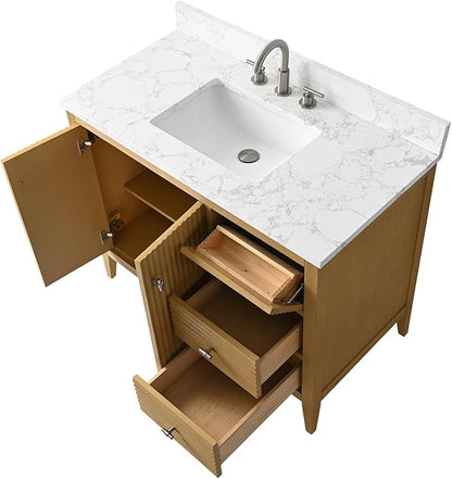 HOMEBEYOND 42" Bathroom Vanity with Sink, Solid Wood Bathroom Vanity Free-Standing Cabinet, Drawers, Ceramic Top & Soft Closing Door, Golden Brushed Handware, Natural Oak